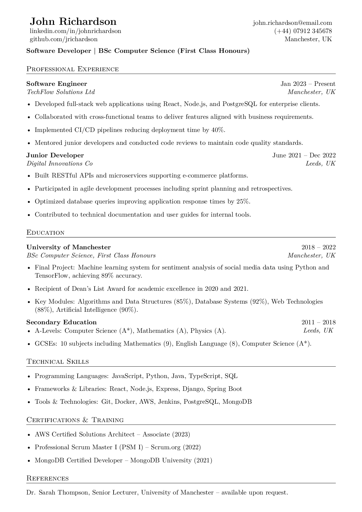 LaTeX CV template preview — render as PDF via API