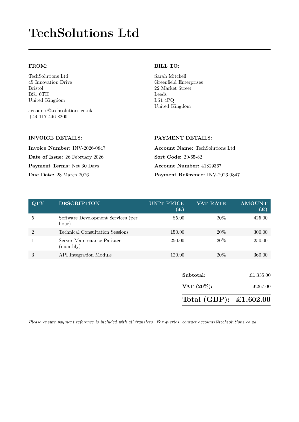 LaTeX Invoice 1 template preview — render as PDF via API