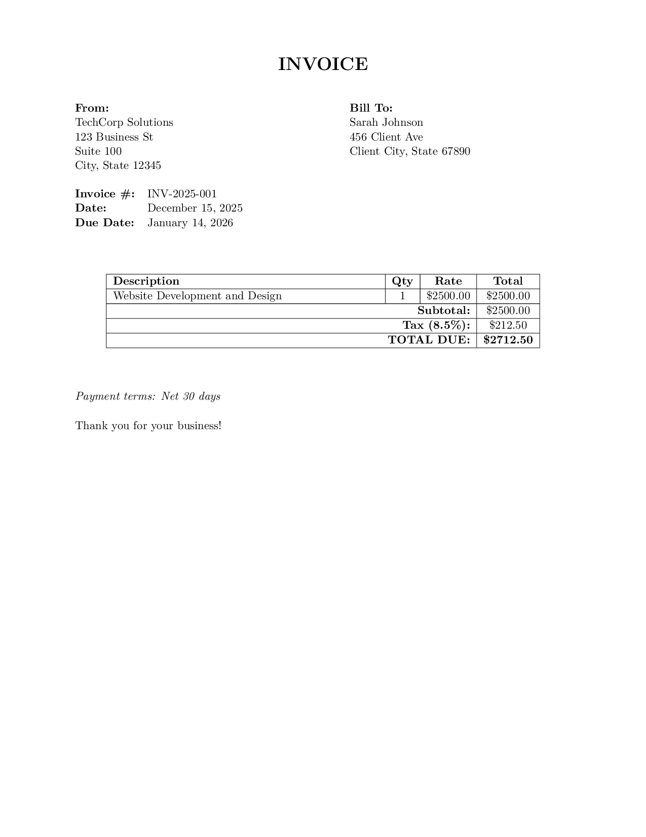 LaTeX Invoice 2 template preview — render as PDF via API
